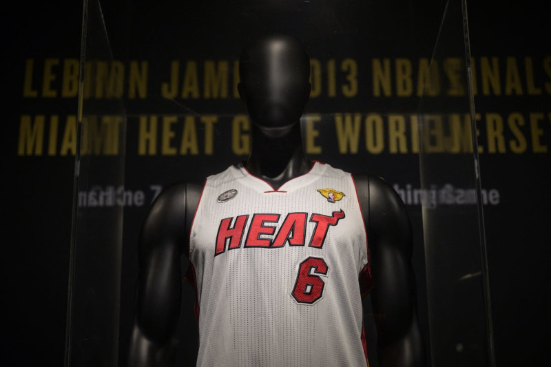 LeBron James game-worn jersey from the athletes NBA finals game 7 victory over the Miami Heat in 2013, is on display during a press preview at Sotheby's auction House on January 20, 2023, in New York City. (Photo by ANGELA WEISS / AFP) (Photo by ANGELA WEISS/AFP via Getty Images)