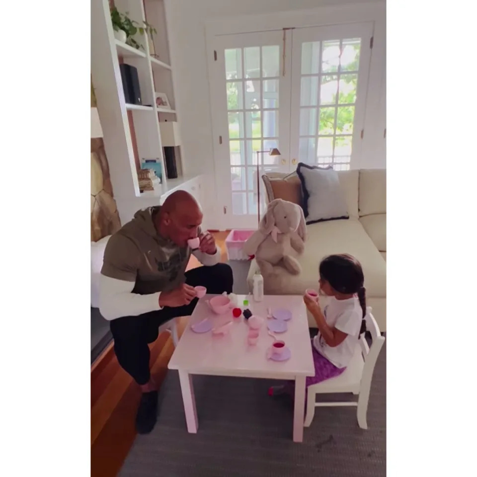 "Man these daddy/daughter/bunny tea parties have a special way of kinda putting life into real perspective," the actor captioned a sweet video with Tiana in May 2022. "My 'why' becomes even more clear. She just turned 4 and probably won't remember this, but I sure will." He added, "And she still refuses to believe that her daddy is actually MAUI from one of her favorite @disney movies, MOANA! She always says, 'Daddy, you're not Maui, you're The Rock.'"