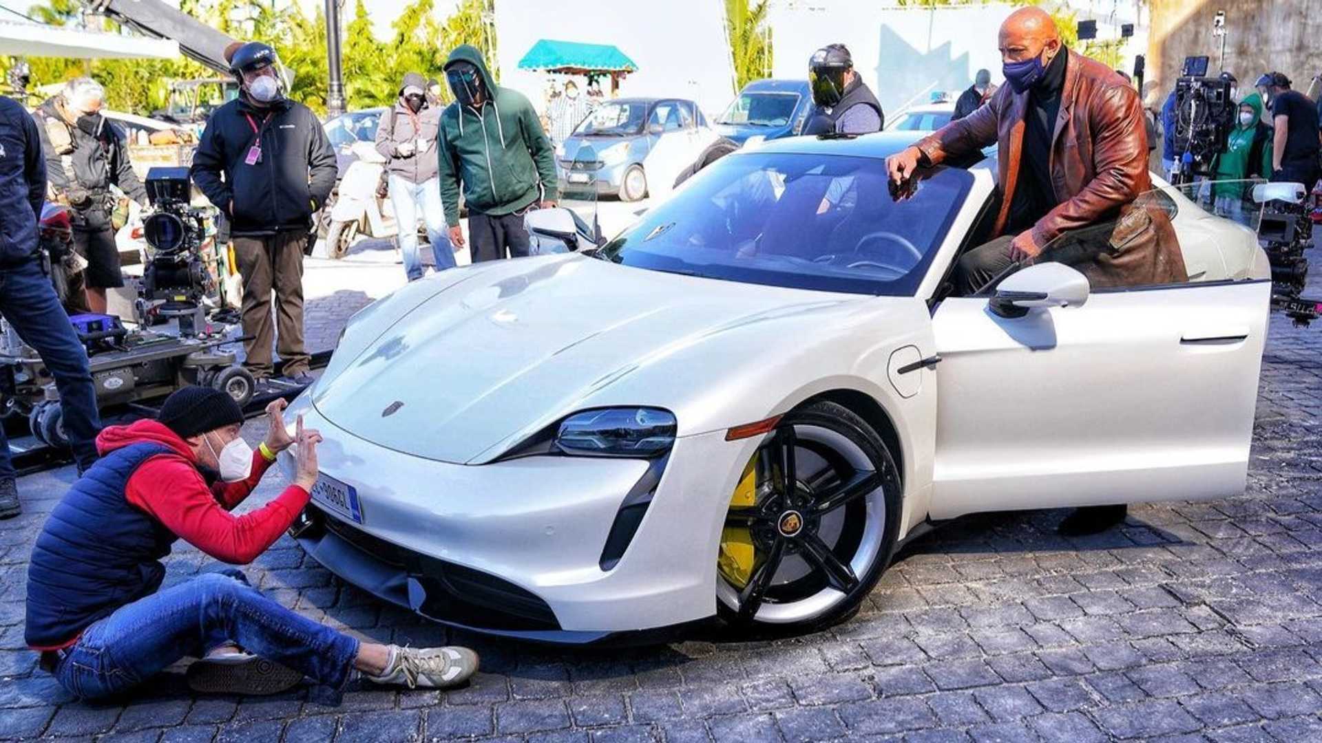The Rock Realizes He Can't Fit In A Porsche Taycan While On Movie Set