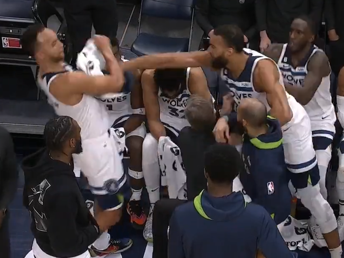 Rudy Gobert throws a punch at teammate Kyle Anderson during a game against the New Orleans Pelicans.